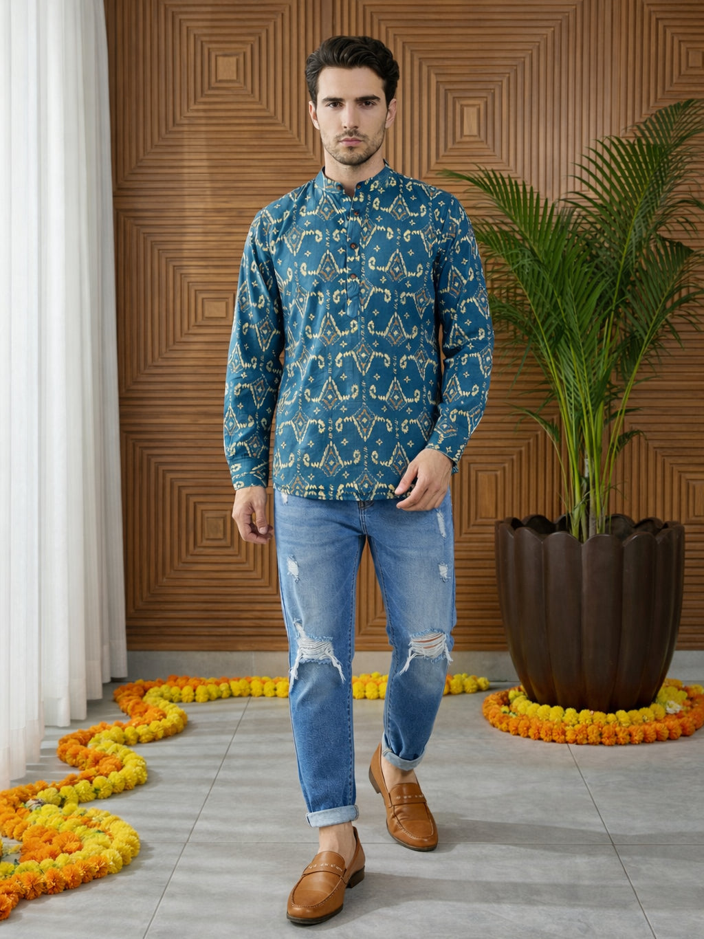Men’s Printed Cotton Blend Kurta ( ANMSK 325Blue )