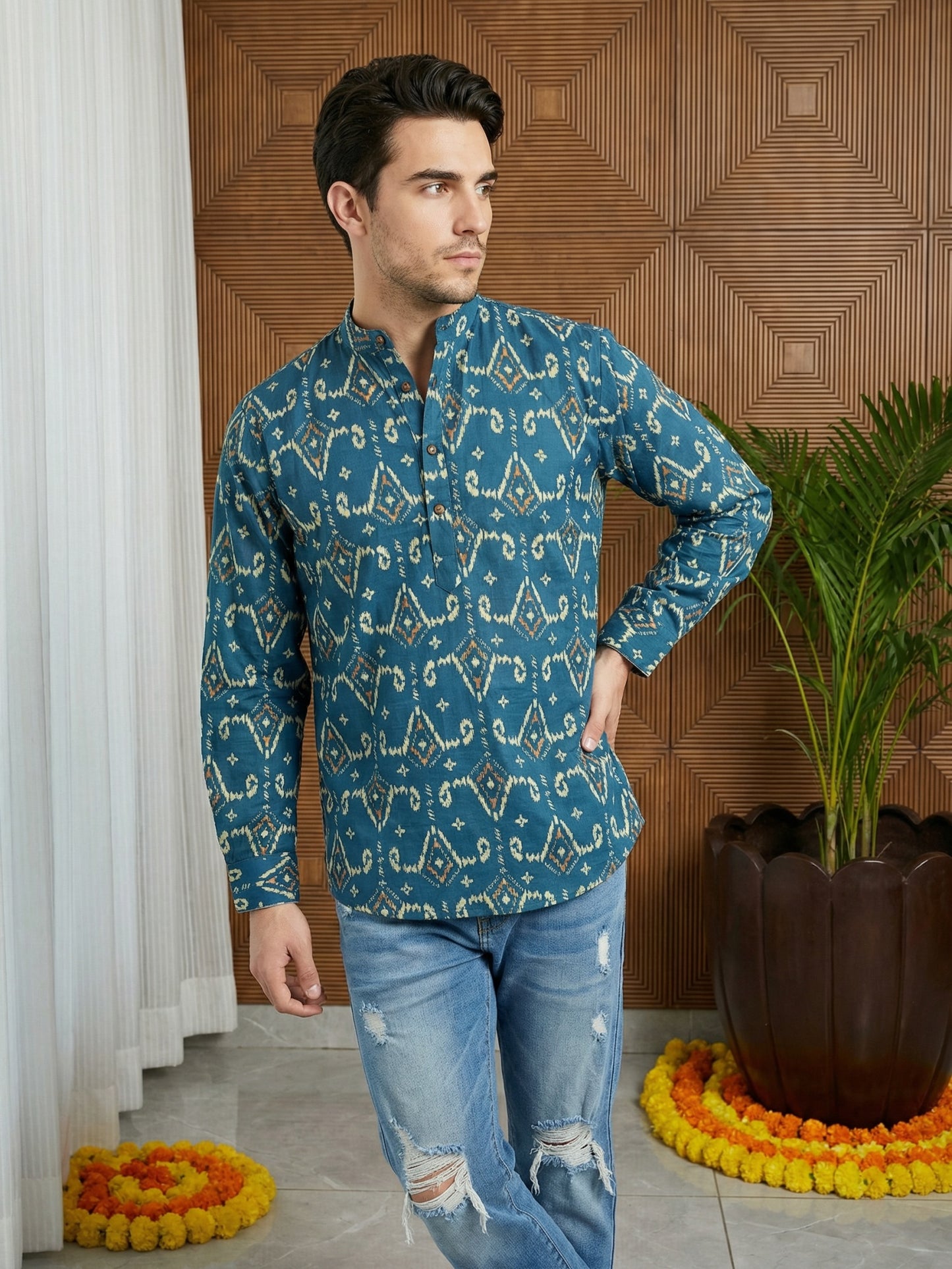 Men’s Printed Cotton Blend Kurta ( ANMSK 325Blue )