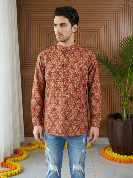Men’s Printed Cotton Blend Kurta ( ANMSK 326Maroon )