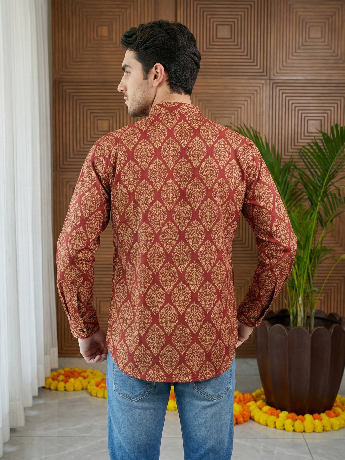 Men’s Printed Cotton Blend Kurta ( ANMSK 326Maroon )