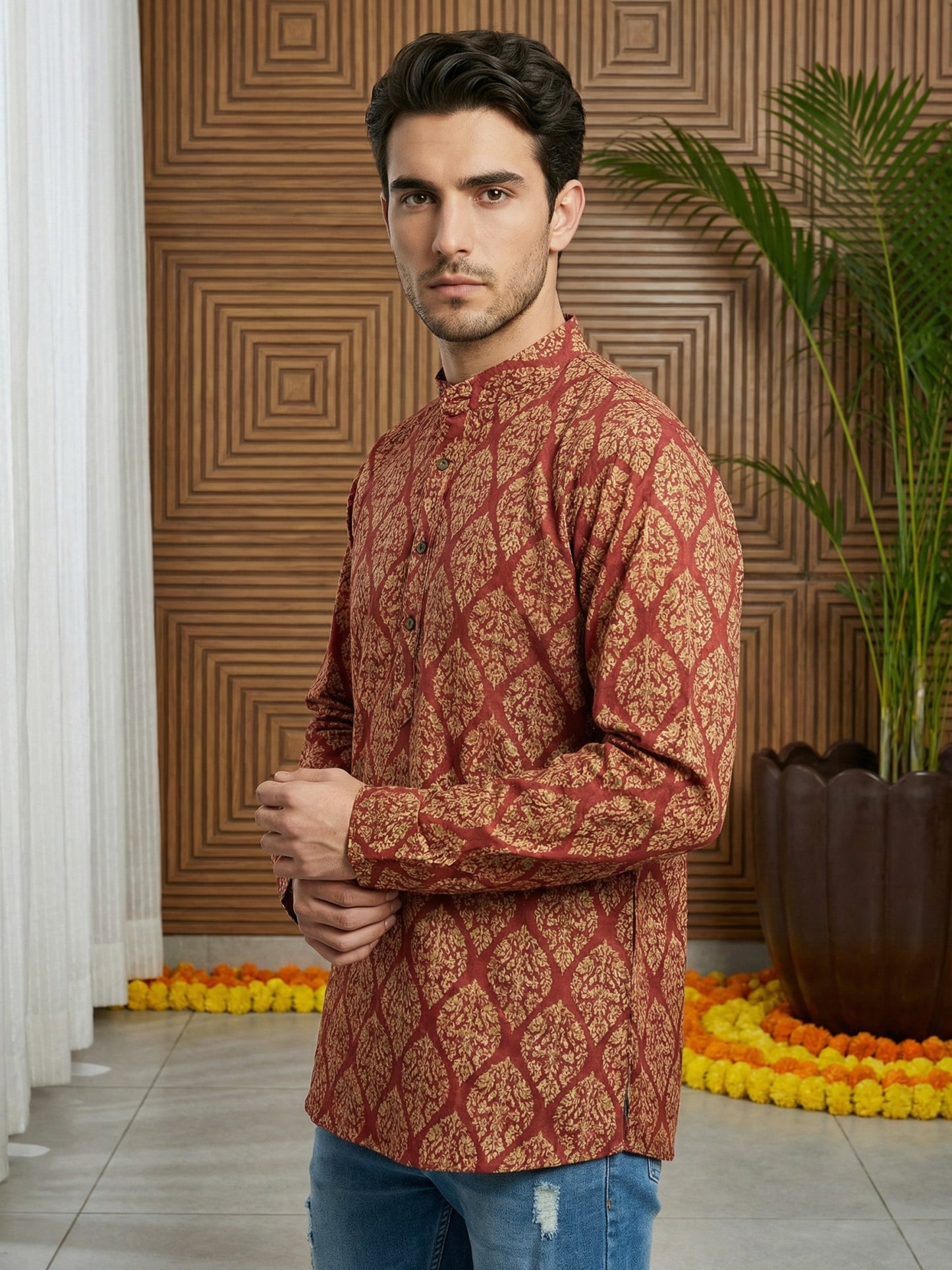 Men’s Printed Cotton Blend Kurta ( ANMSK 326Maroon )