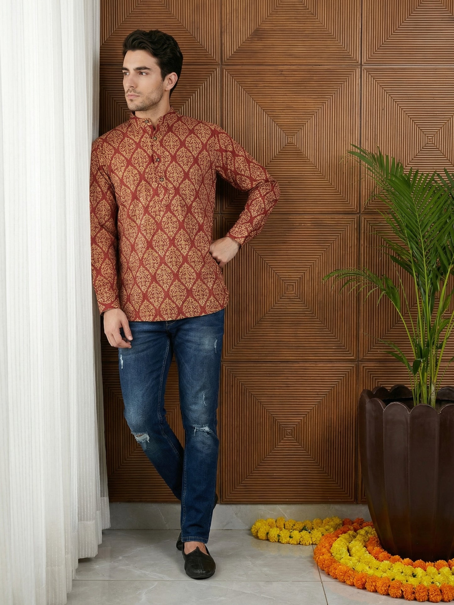 Men’s Printed Cotton Blend Kurta ( ANMSK 326Maroon )