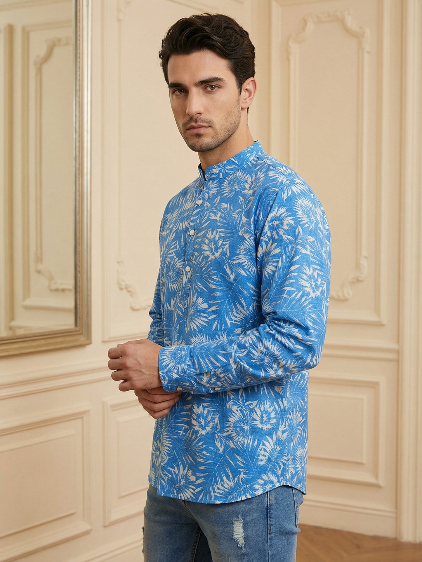 Men’s Printed Cotton Blend Kurta ( ANMSK 327Blue )