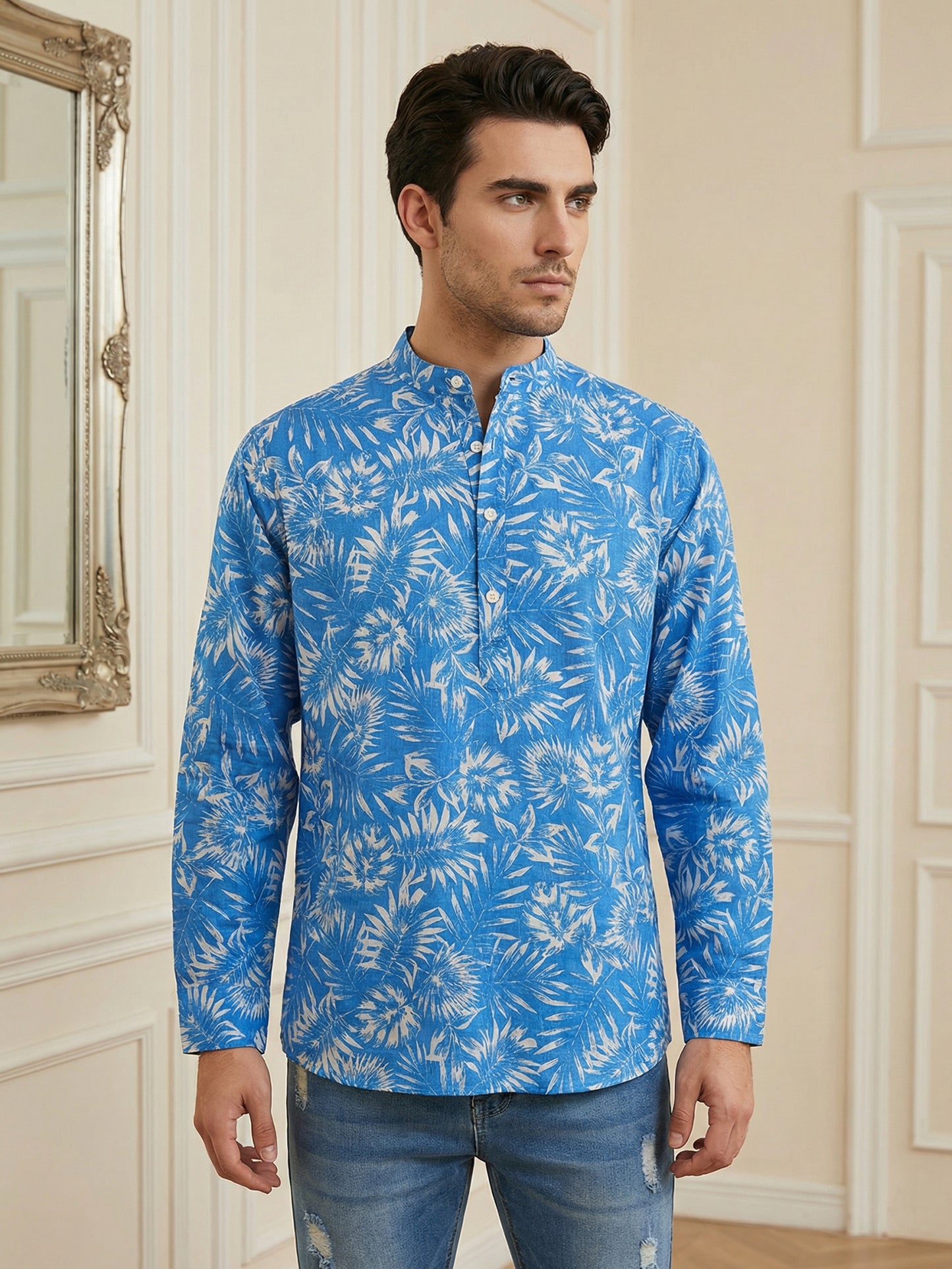 Men’s Printed Cotton Blend Kurta ( ANMSK 327Blue )
