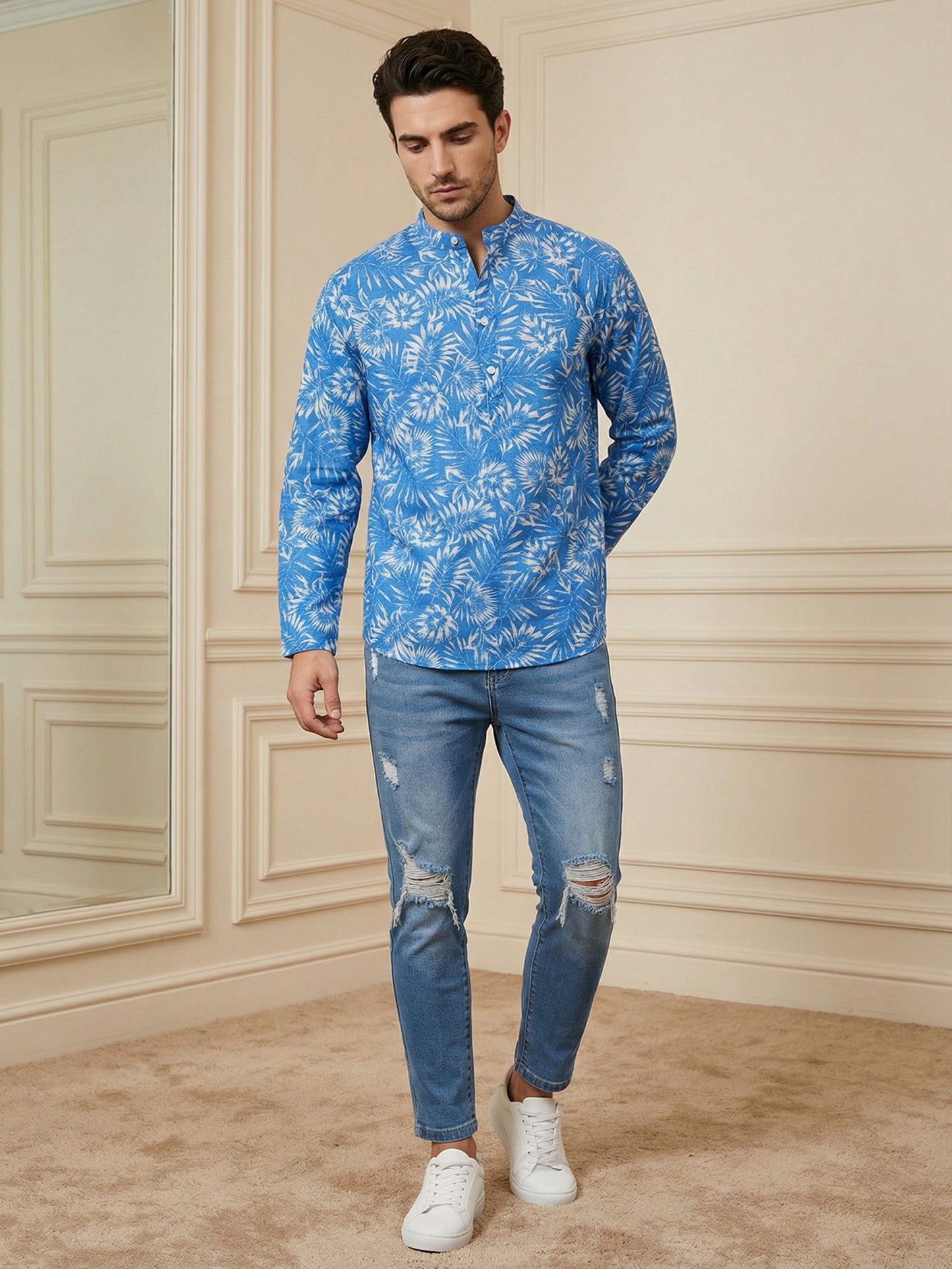Men’s Printed Cotton Blend Kurta ( ANMSK 327Blue )