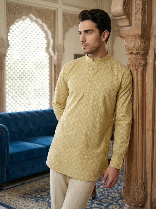 Cotton Blend Printed Short Kurta ( ANMSK 328Beige )