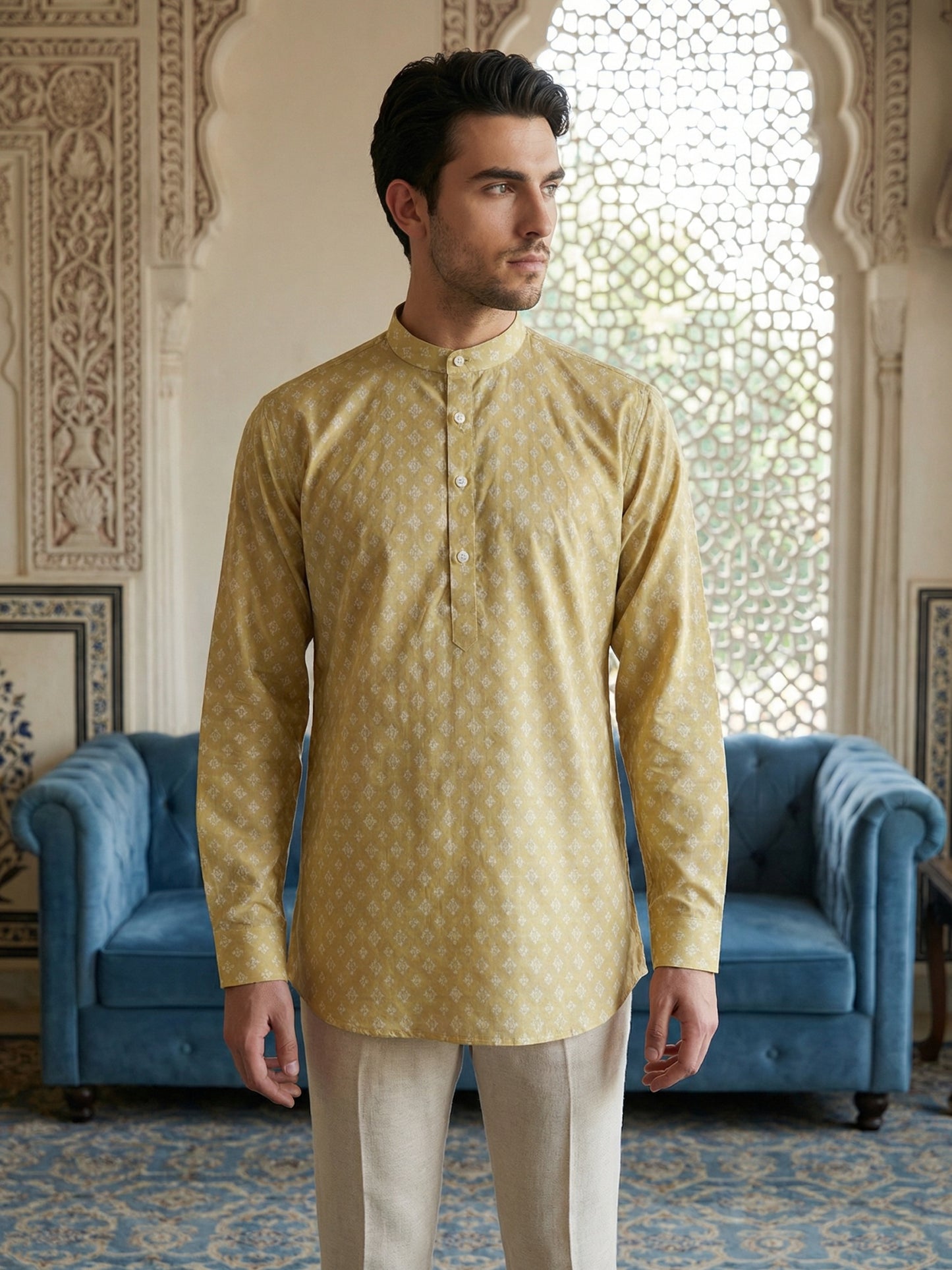 Cotton Blend Printed Short Kurta ( ANMSK 328Beige )