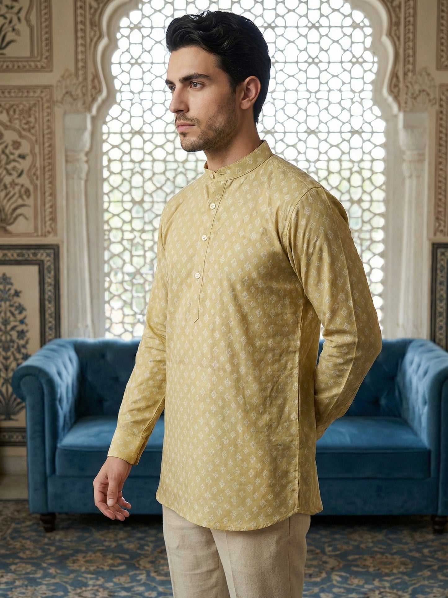 Cotton Blend Printed Short Kurta ( ANMSK 328Beige )