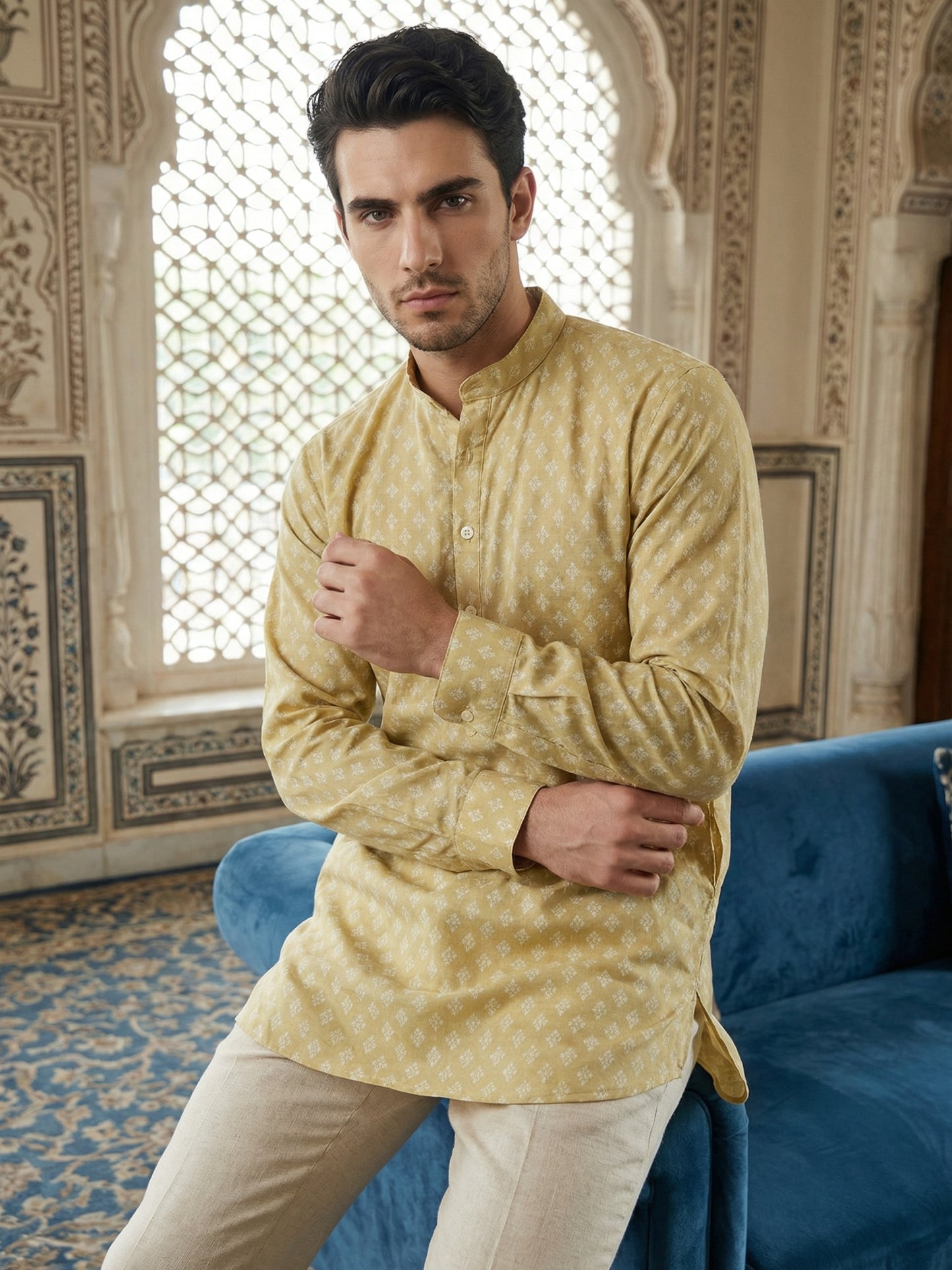 Cotton Blend Printed Short Kurta ( ANMSK 328Beige )