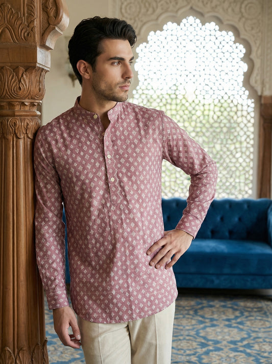 Cotton Blend Printed Short Kurta ( ANMSK 328Magenta )