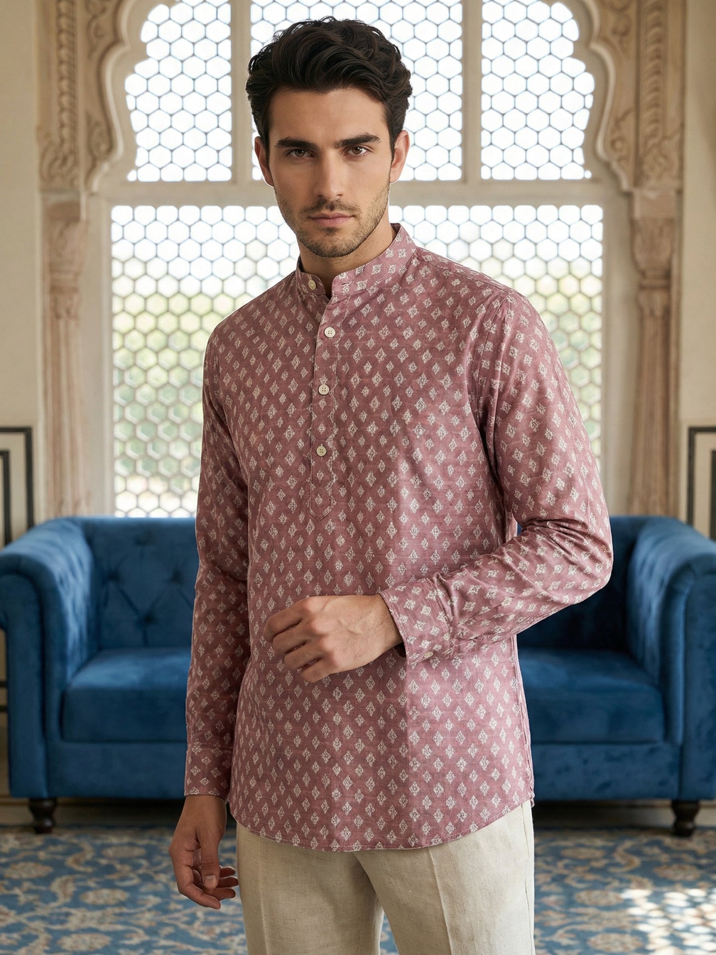 Cotton Blend Printed Short Kurta ( ANMSK 328Magenta )
