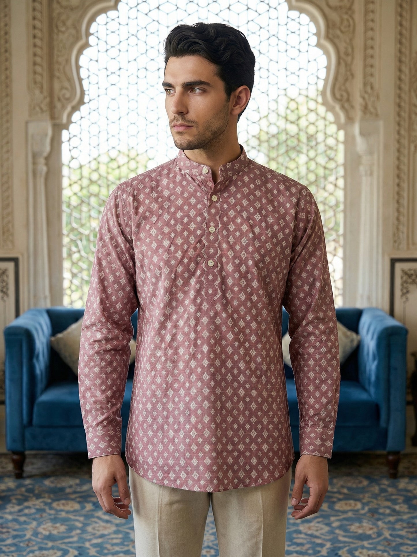 Cotton Blend Printed Short Kurta ( ANMSK 328Magenta )