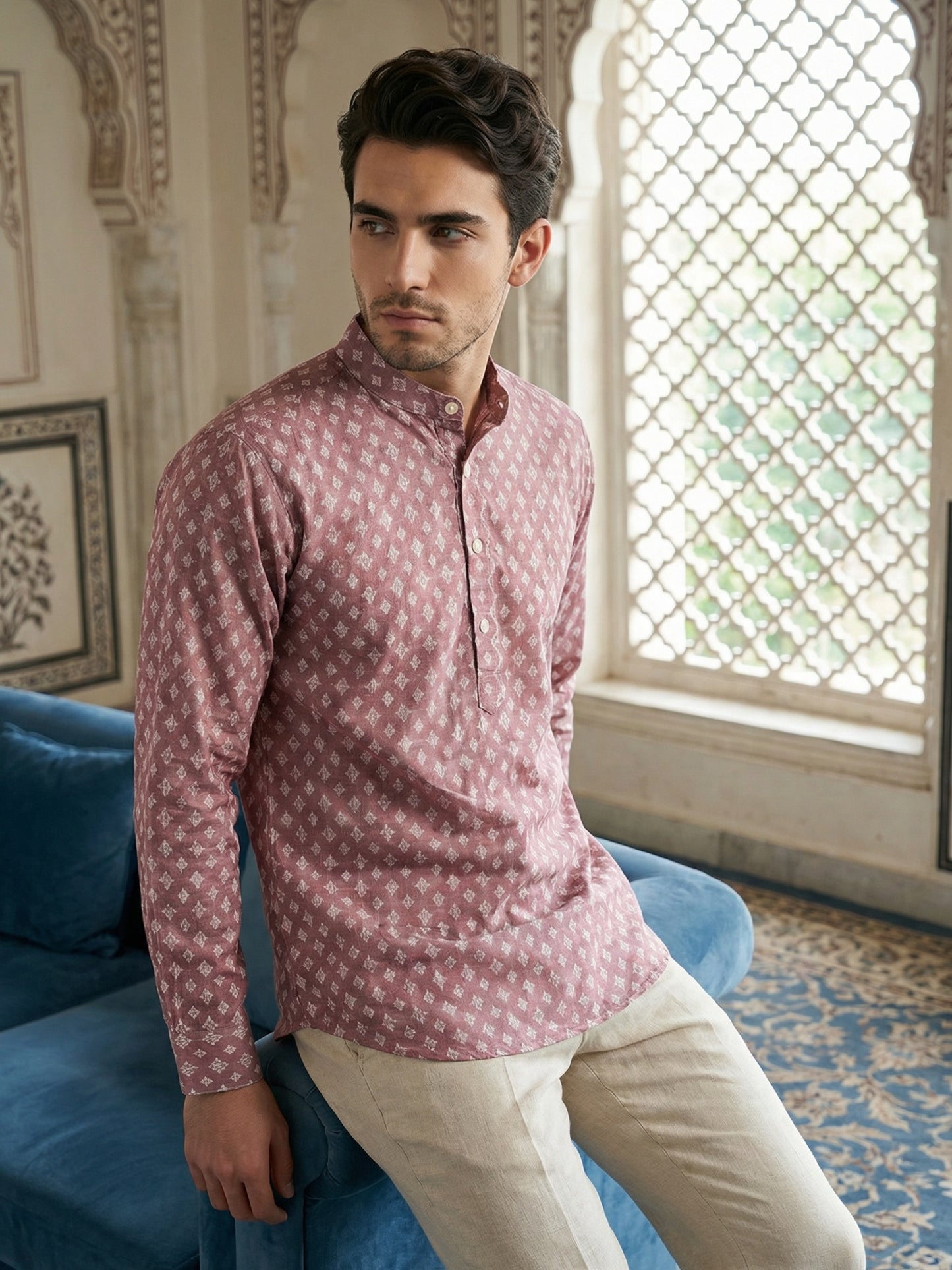 Cotton Blend Printed Short Kurta ( ANMSK 328Magenta )