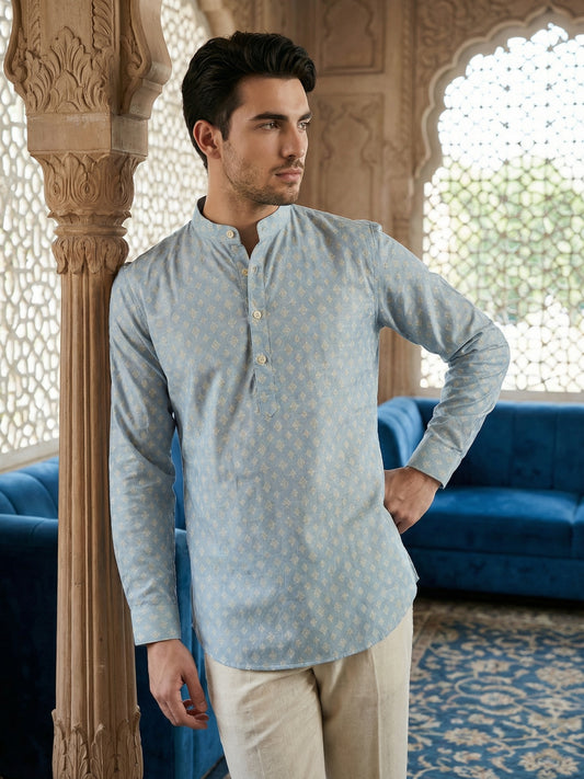 Cotton Blend Printed Short Kurta ( ANMSK 328Sky )