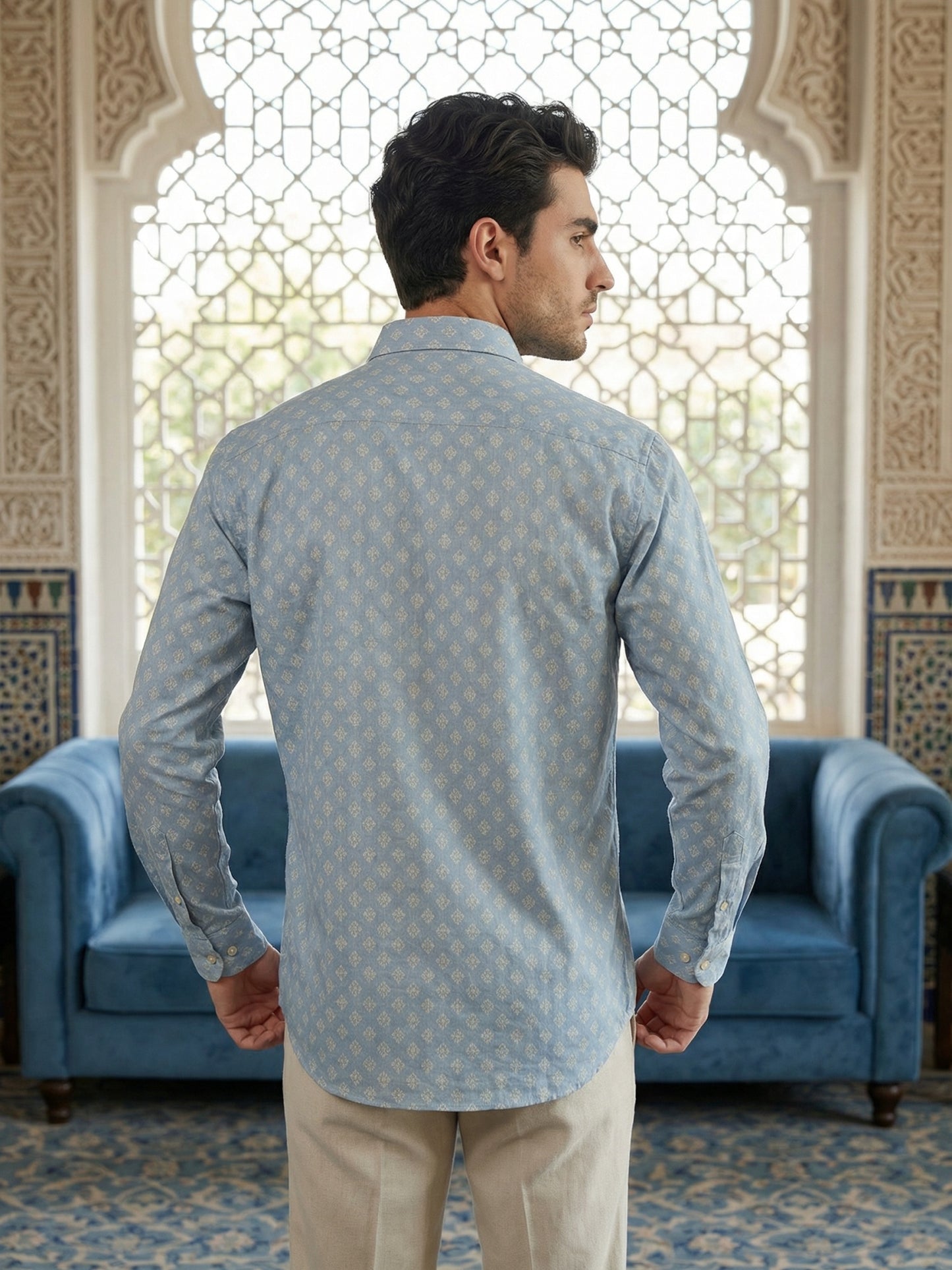 Cotton Blend Printed Short Kurta ( ANMSK 328Sky )