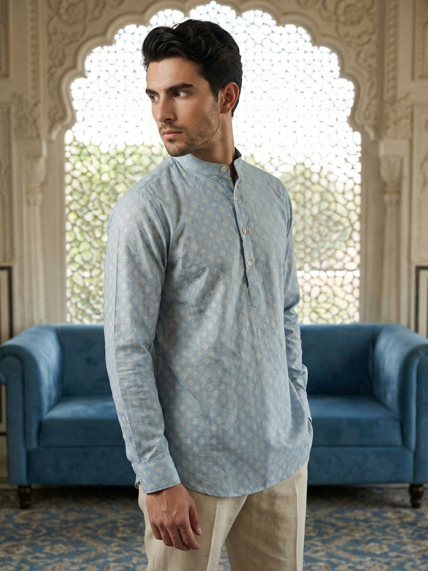 Cotton Blend Printed Short Kurta ( ANMSK 328Sky )