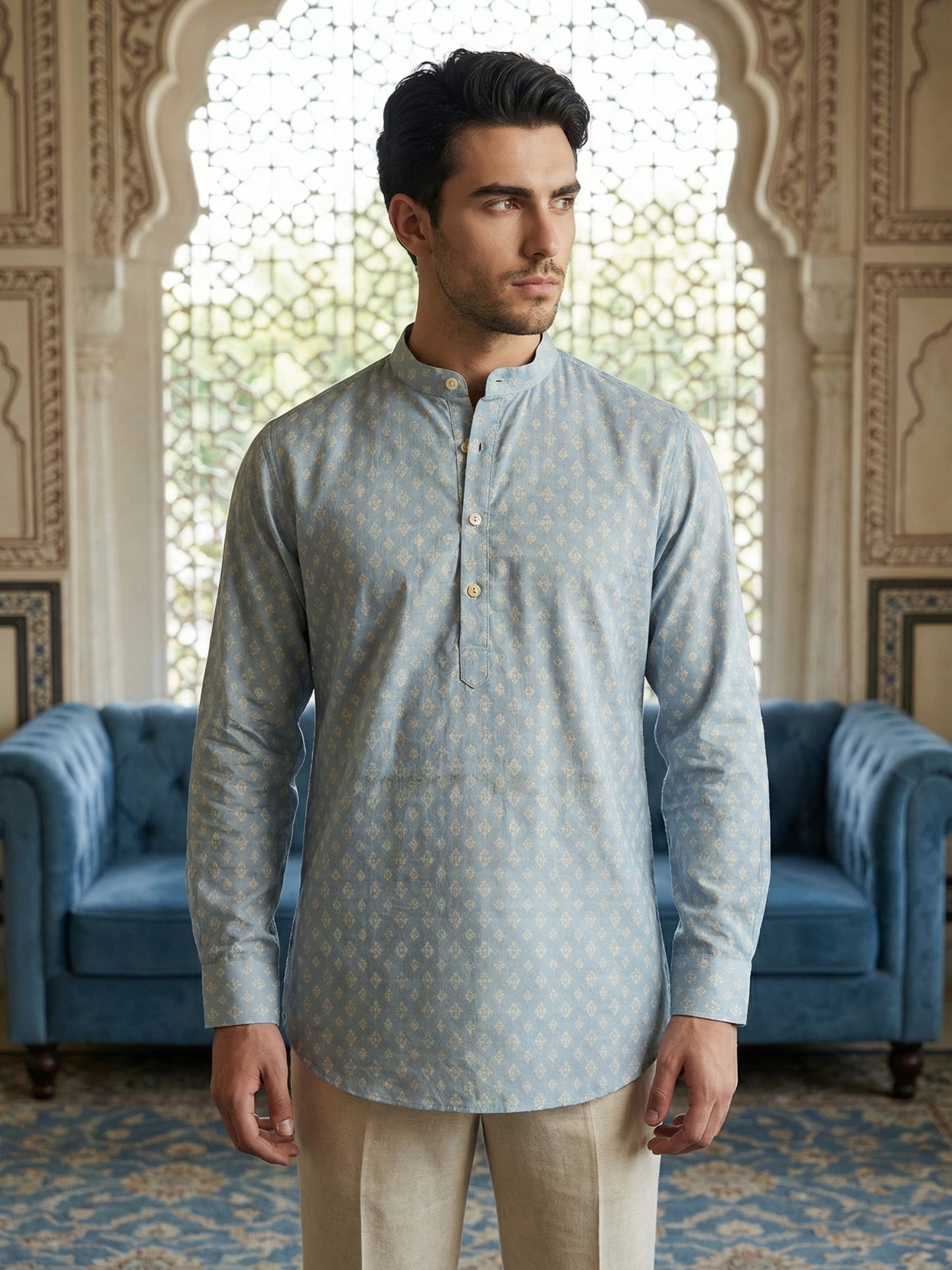 Cotton Blend Printed Short Kurta ( ANMSK 328Sky )