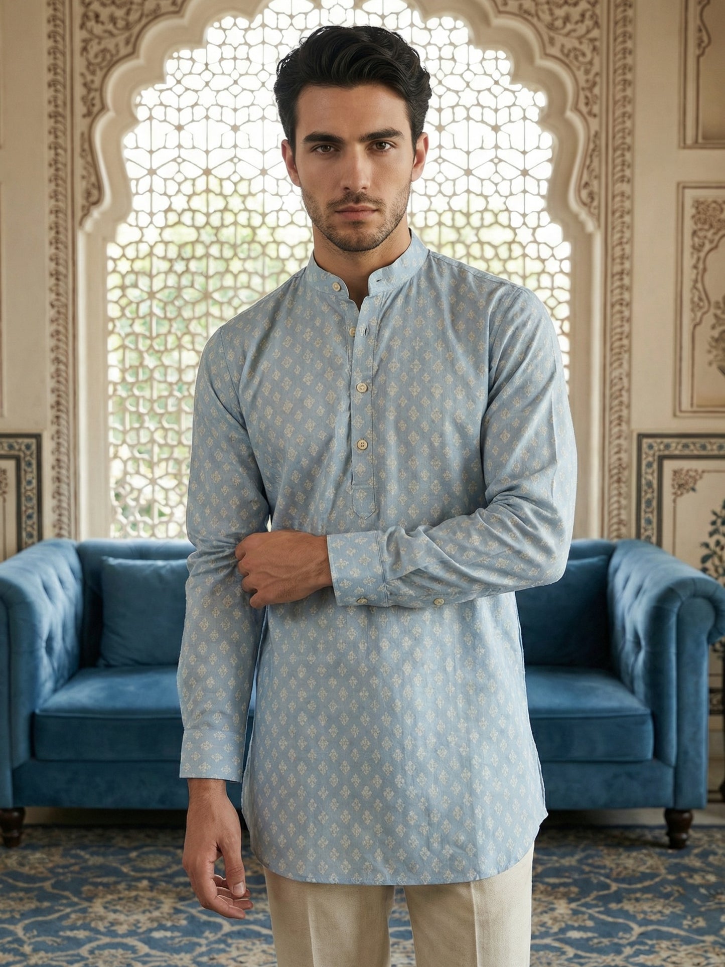 Cotton Blend Printed Short Kurta ( ANMSK 328Sky )