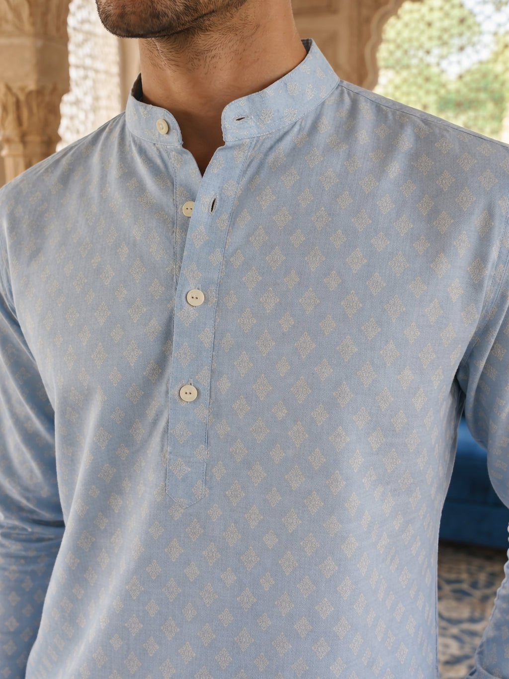 Cotton Blend Printed Short Kurta ( ANMSK 328Sky )