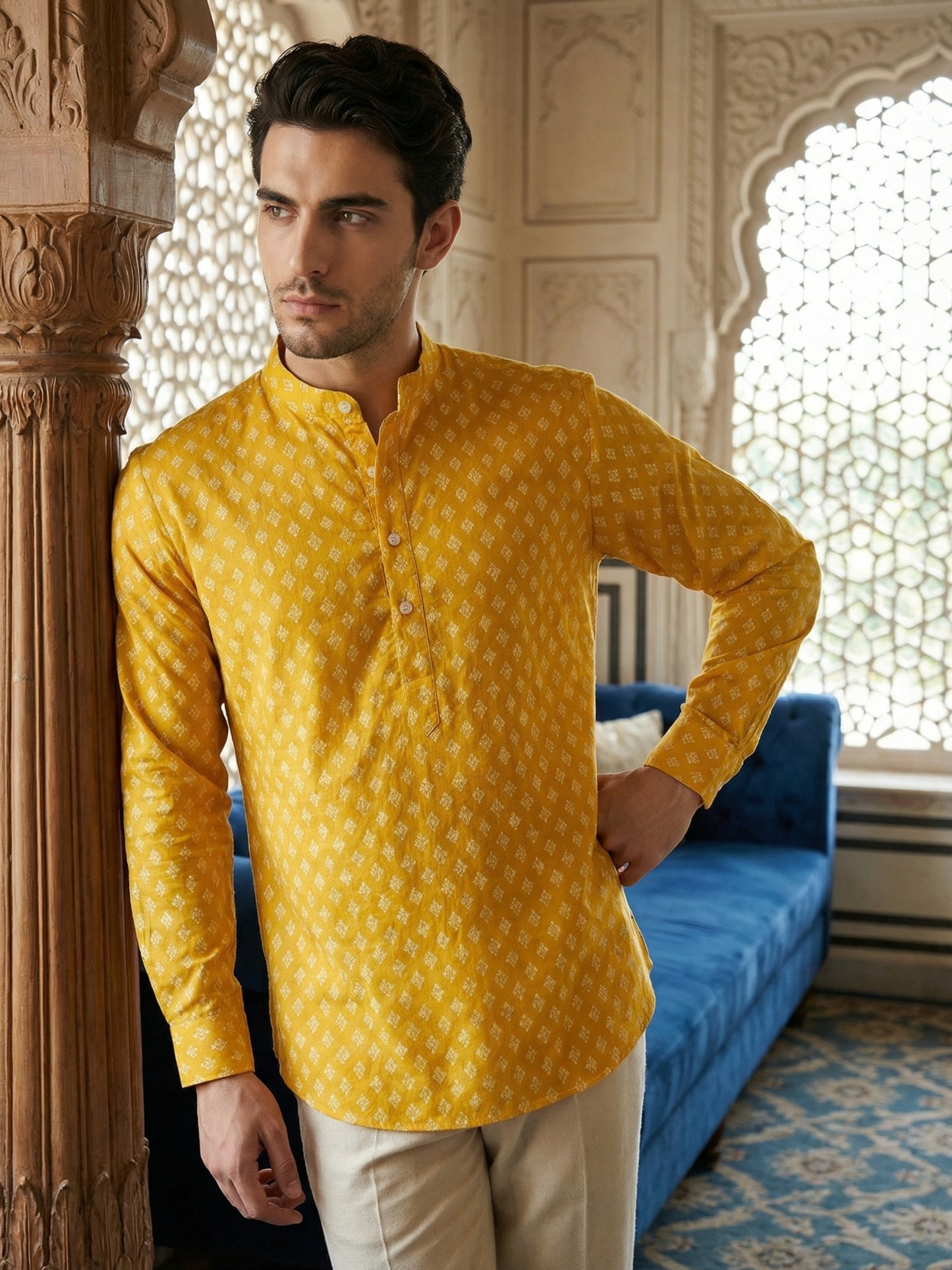Cotton Blend Printed Short Kurta ( ANMSK 328Yellow )