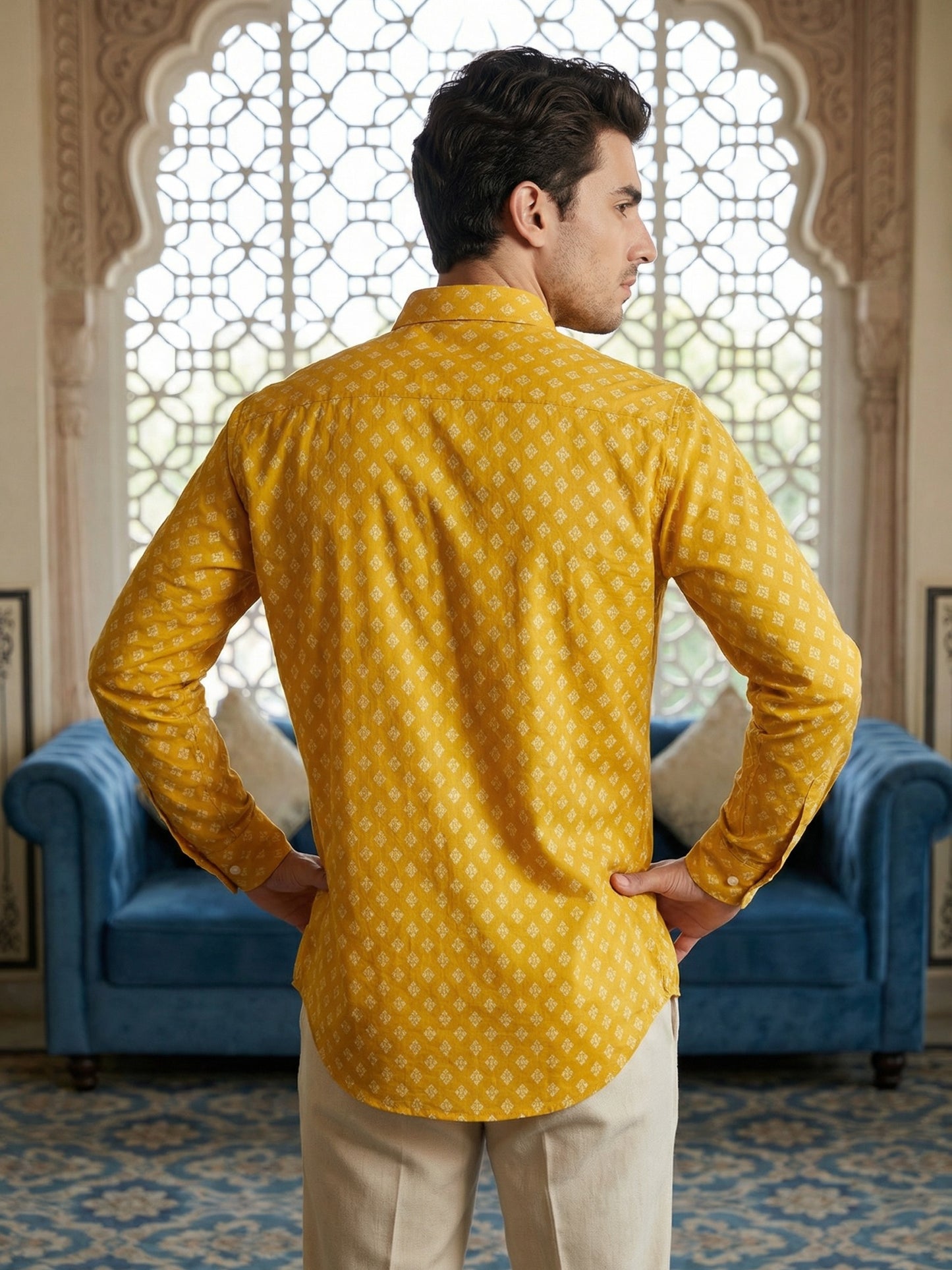 Cotton Blend Printed Short Kurta ( ANMSK 328Yellow )