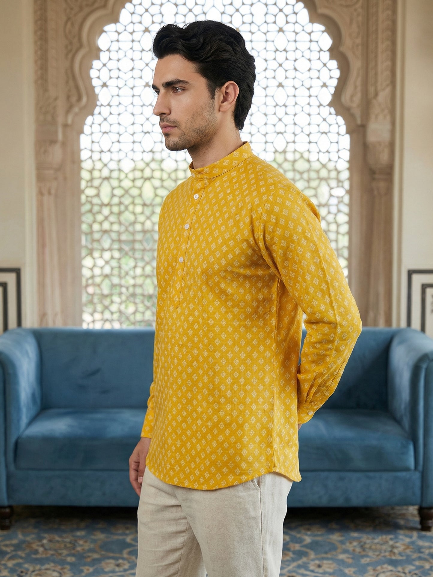 Cotton Blend Printed Short Kurta ( ANMSK 328Yellow )