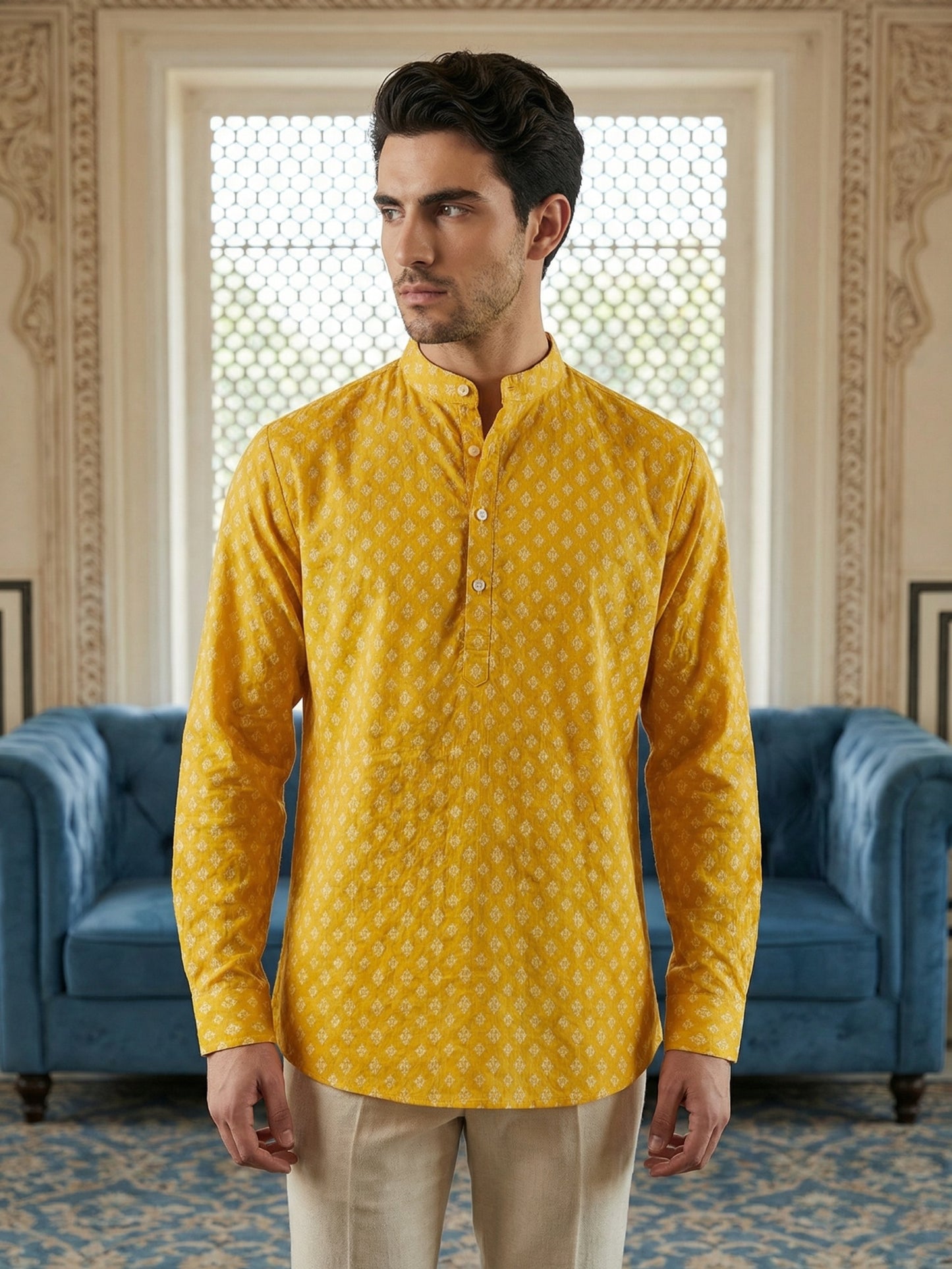 Cotton Blend Printed Short Kurta ( ANMSK 328Yellow )