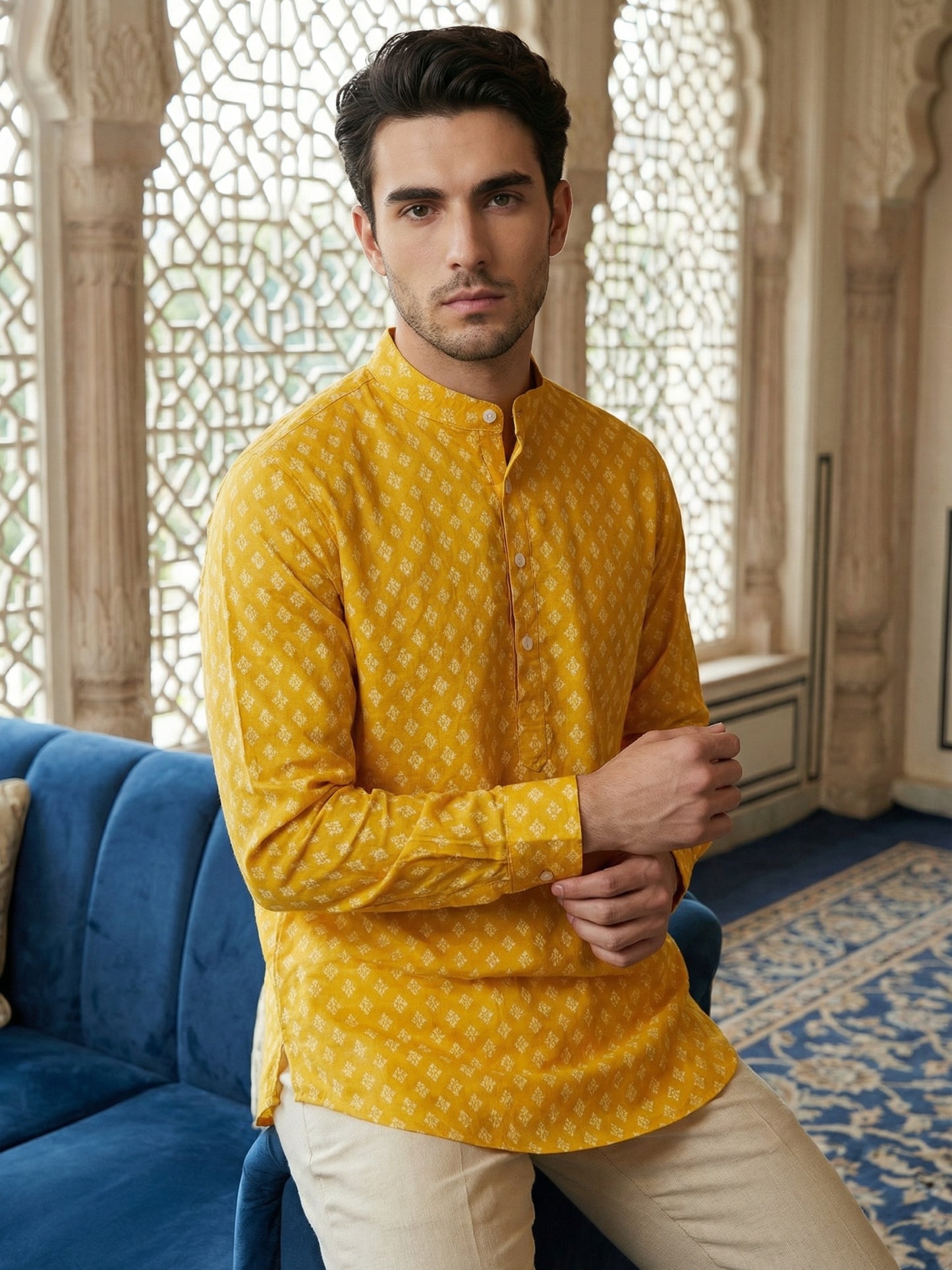 Cotton Blend Printed Short Kurta ( ANMSK 328Yellow )