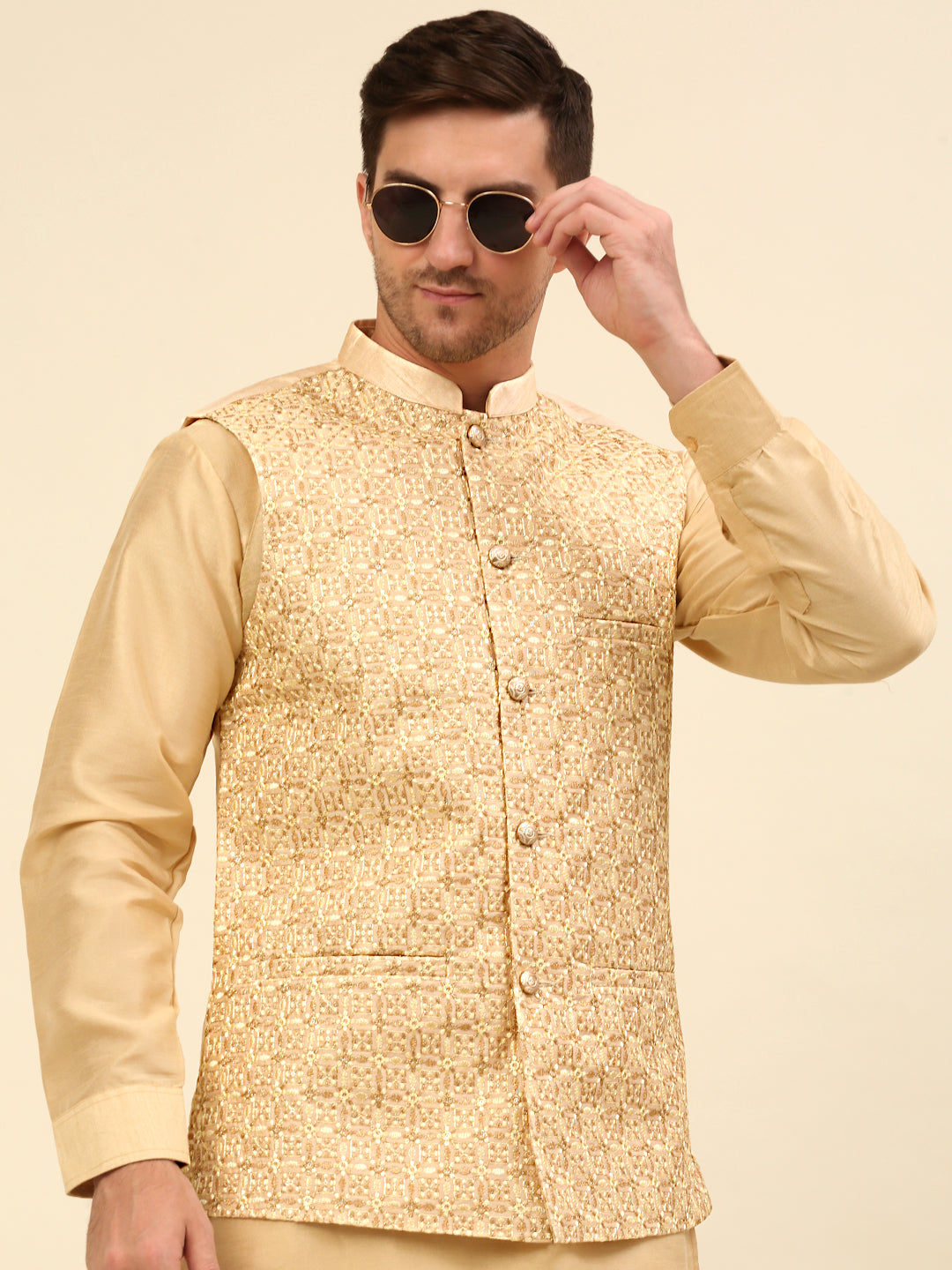 Men's Embroidered Nehru Jackets ( ANMWC 7001Cream ) [RT] [ F9 ]