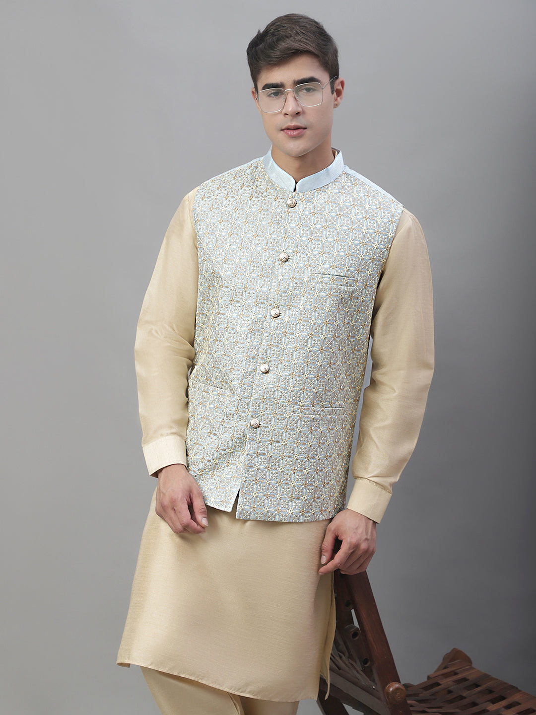 Embroidered Nehru Jacket ( ANMWC 7001Grey ) [RT] [ F9 ]