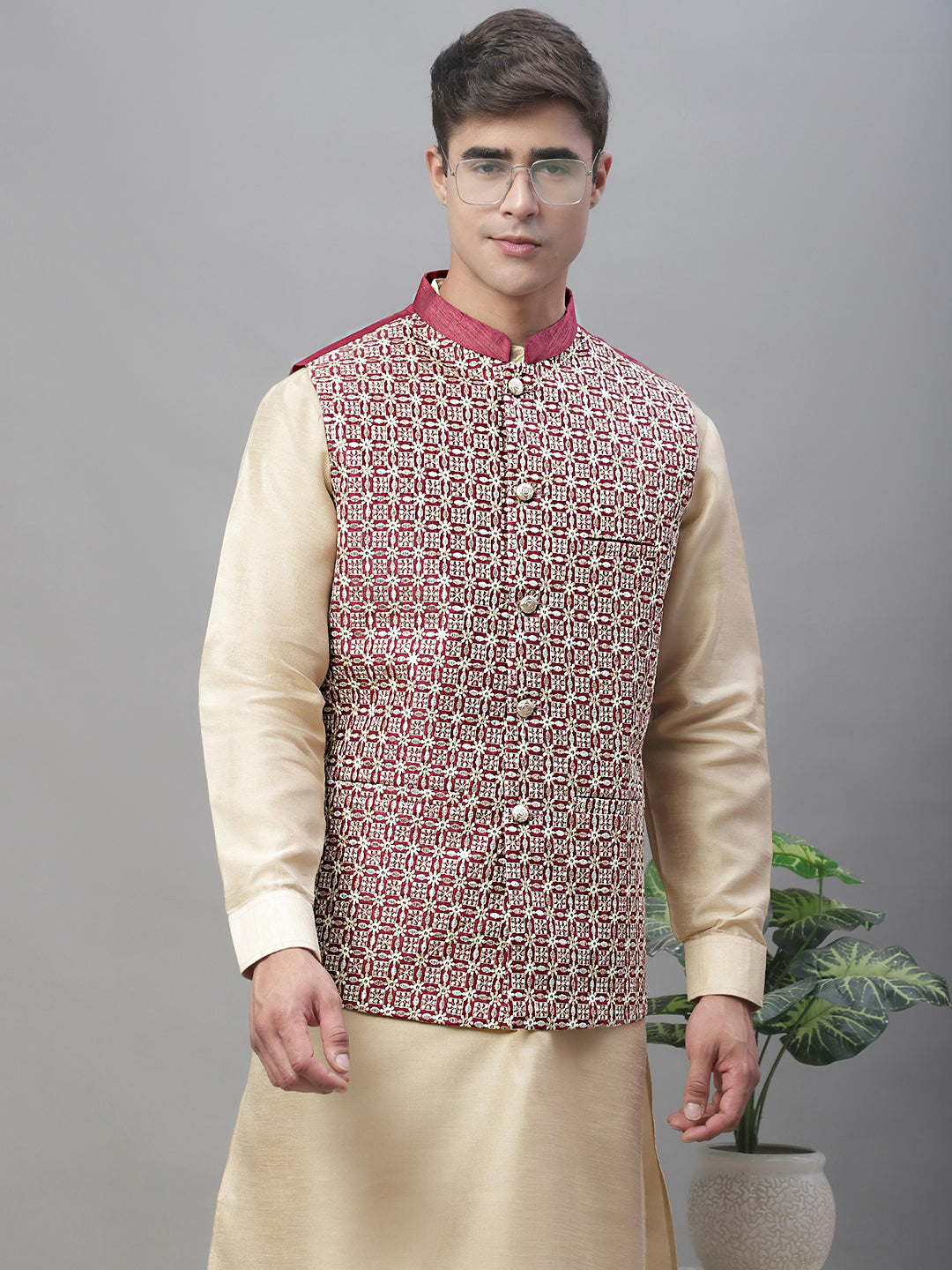 Embroidered Nehru Jacket ( ANMWC 7001Maroon ) [RT] [ F9 ]