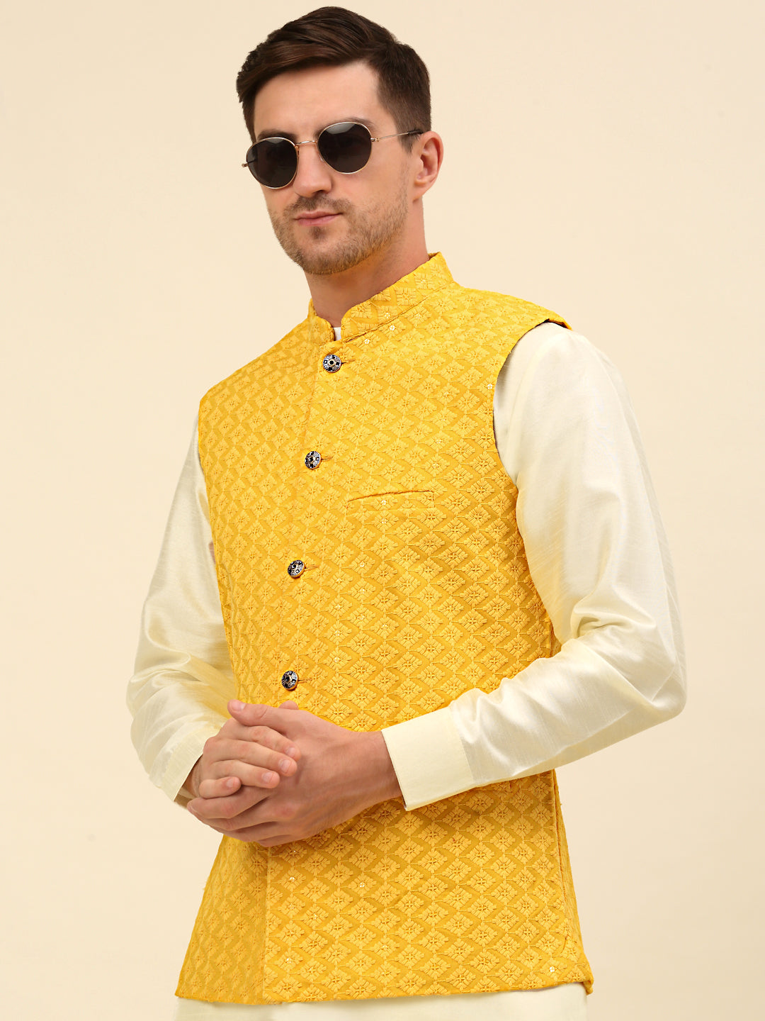 Men's Sequins and Embroidered Nehru Jackets ( ANMWC 7004Yellow ) [RT] [ F5 ]