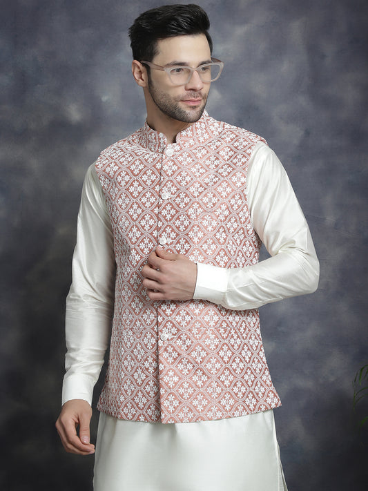 Embroidered and Sequin Nehru Jacket ( ANMWC 7005Peach ) [RT] [ E6 ]