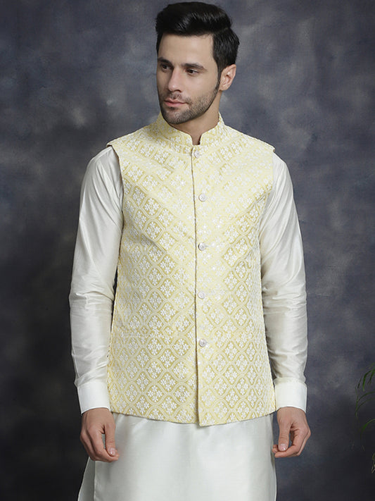 Embroidered and Sequin Nehru Jacket ( ANMWC 7005Yellow ) [RT] [ E6 ]