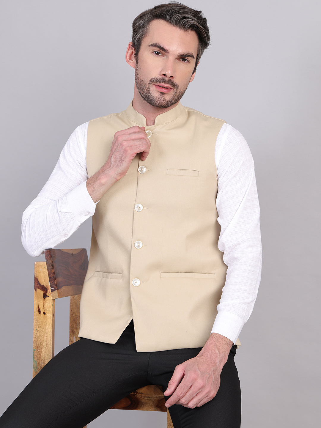 Beige Solid Nehru Jacket ( ANMWC 7006Beige ) [RT] [ F1 ]