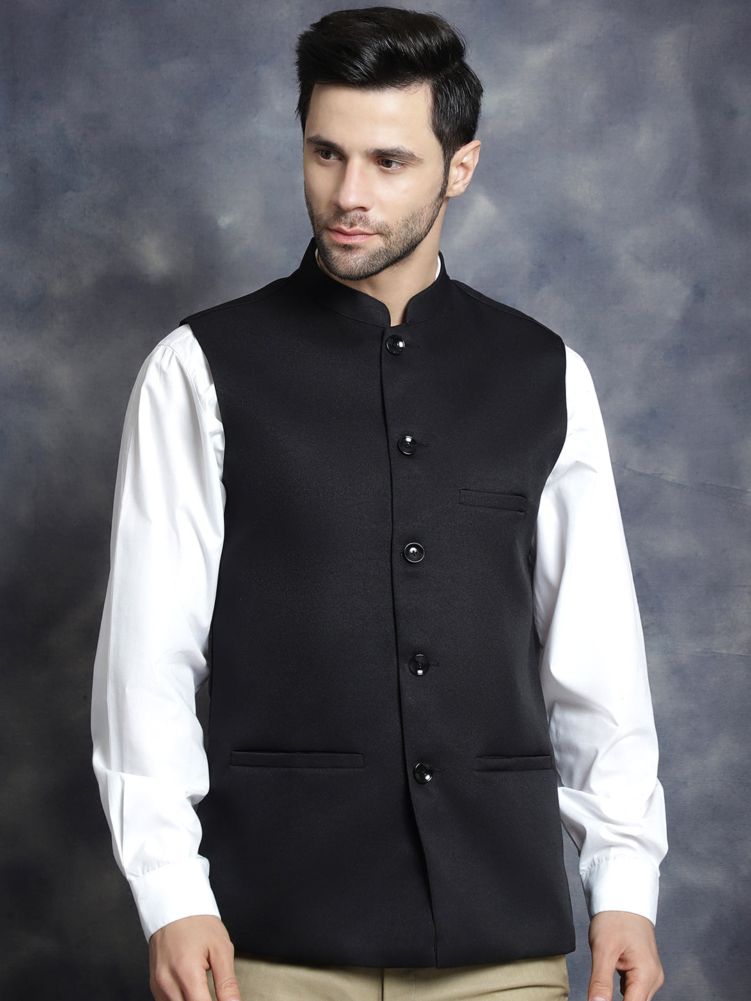 Black Solid Nehru Jacket ( ANMWC 7006Black ) [RT] [ F1 ]