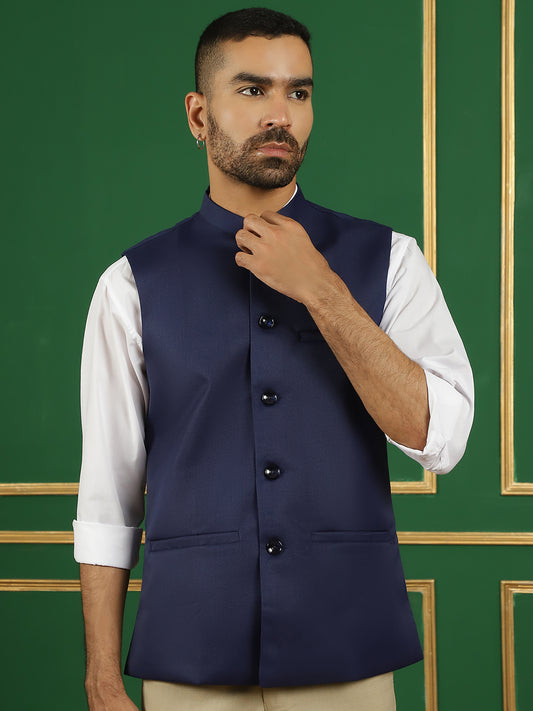 Navy Blue Solid Nehru Jacket ( ANMWC 7006Navy ) [RT] [ F1 ]