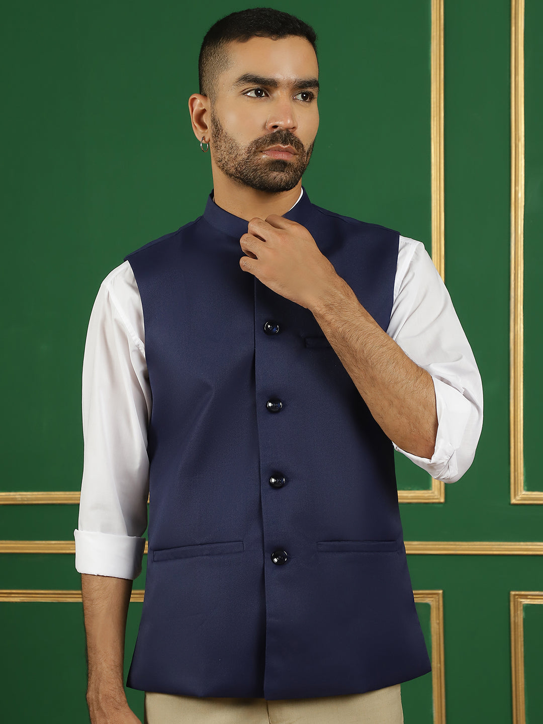 Navy Blue Solid Nehru Jacket ( ANMWC 7006Navy ) [RT] [ F1 ]