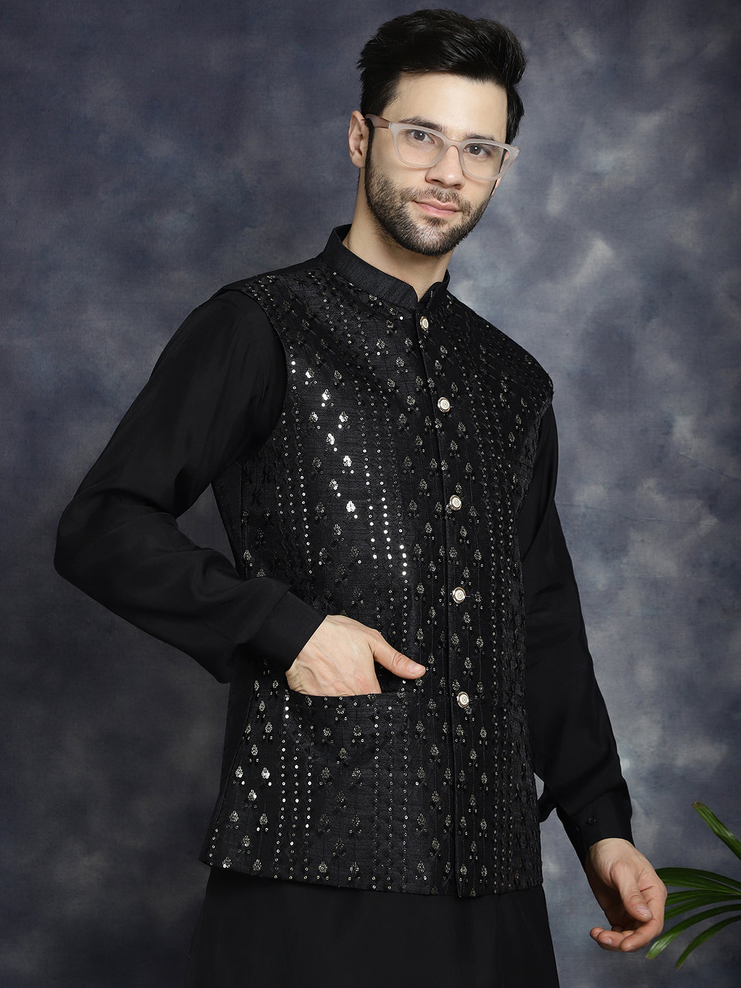 Embroidered and Sequin Nehru Jacket ( ANMWC 7008Black ) [RT] [ F4 ]