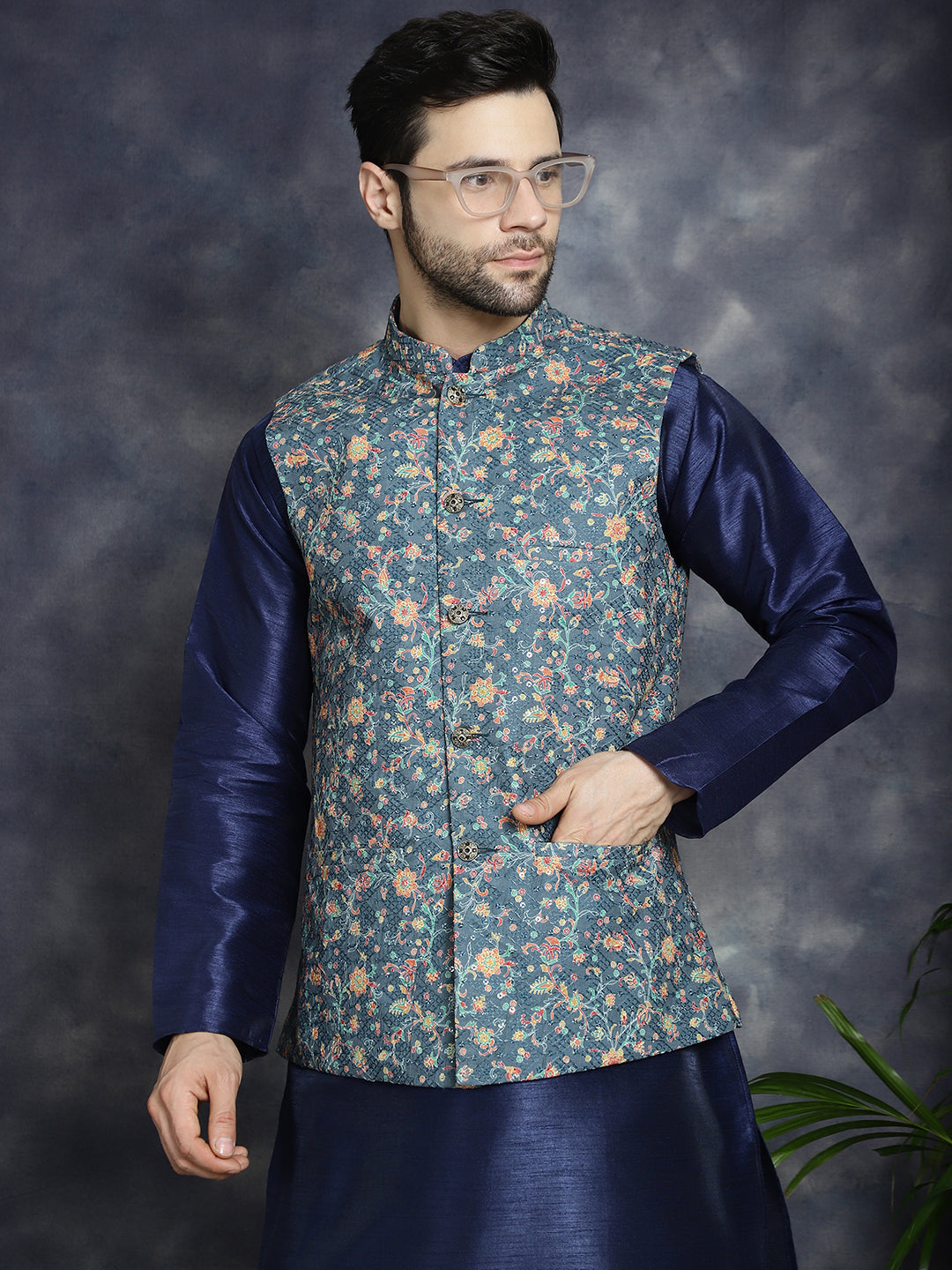 Sequins Printed Nehru Jacket ( ANMWC 7009Blue ) [RT] [ E3 ]