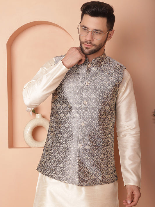 Men's Woven Design Nehru Jacket. ( ANMWC 7010Grey ) [RT] [ E1 ]