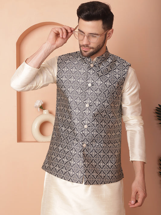 Men's Woven Design Nehru Jacket. ( ANMWC 7010Navy ) [RT] [ E1 ]