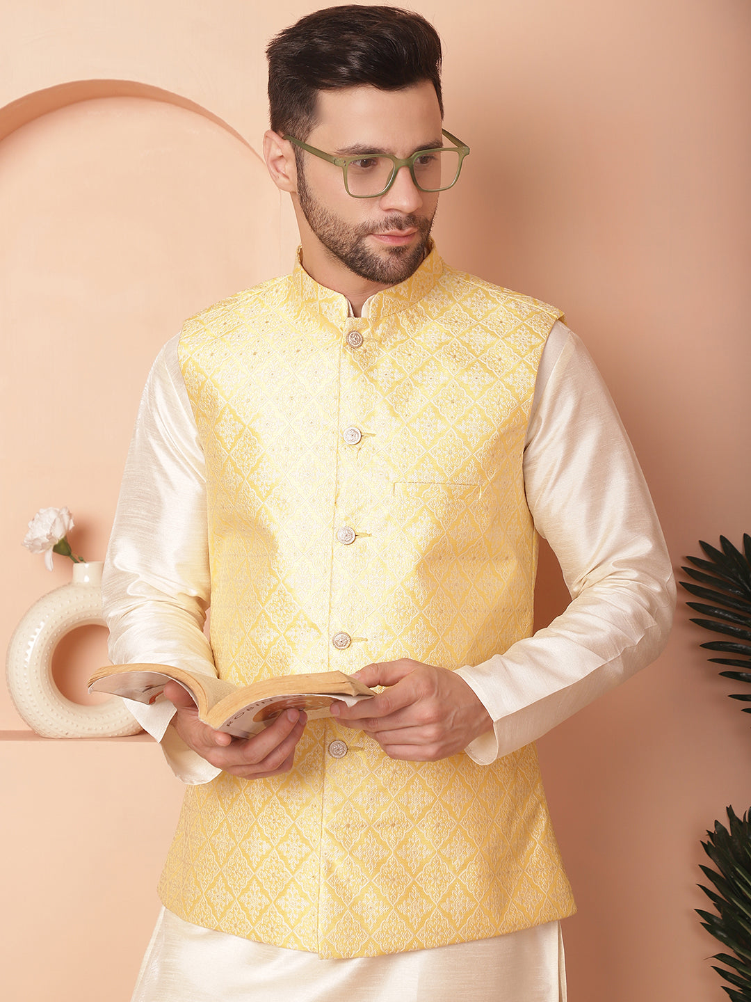 Men's Woven Design Nehru Jacket. ( ANMWC 7010Yellow ) [RT] [ E1 ]
