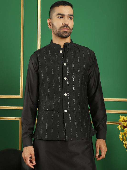 Embroidered Sequinned Nehru Jacket ( ANMWC 7011Black ) [RT] [ E6 ]