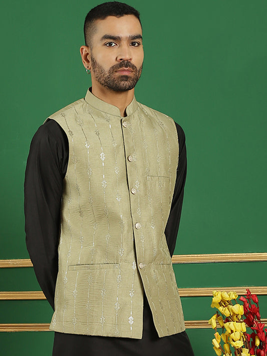 Embroidered Sequinned Nehru Jacket ( ANMWC 7011Pista ) [RT] [ E6 ]