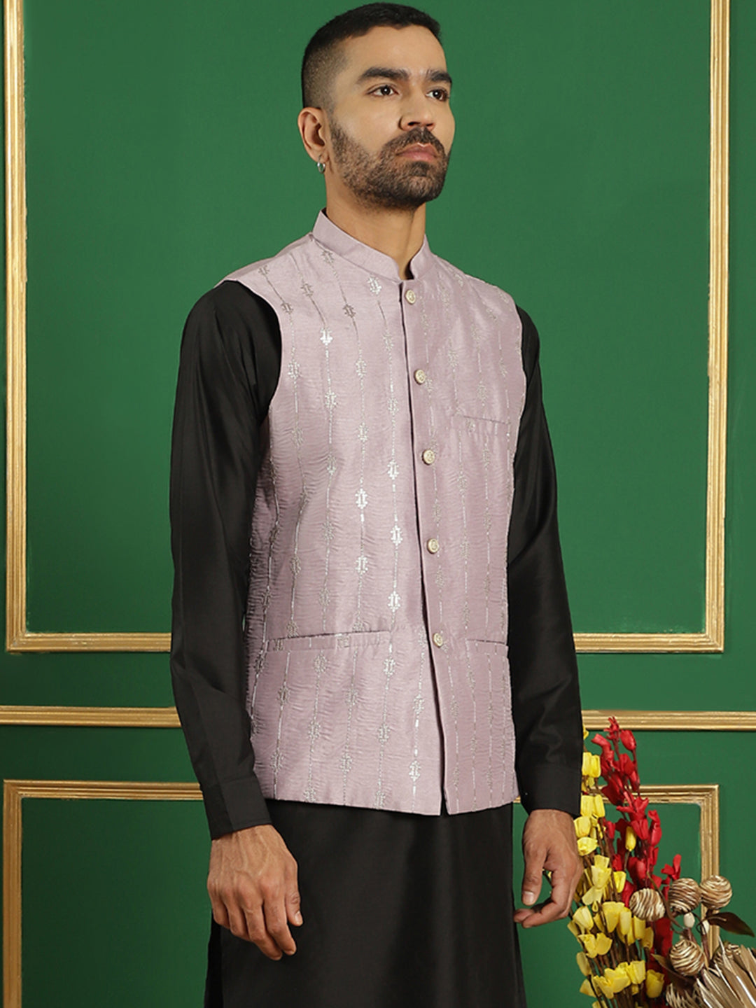 Embroidered Sequinned Nehru Jacket ( ANMWC 7011Purple ) [RT] [ E6 ]