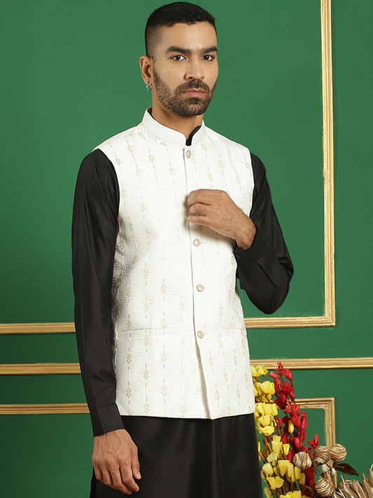 Embroidered Sequinned Nehru Jacket ( ANMWC 7011White ) [RT] [ E6 ]