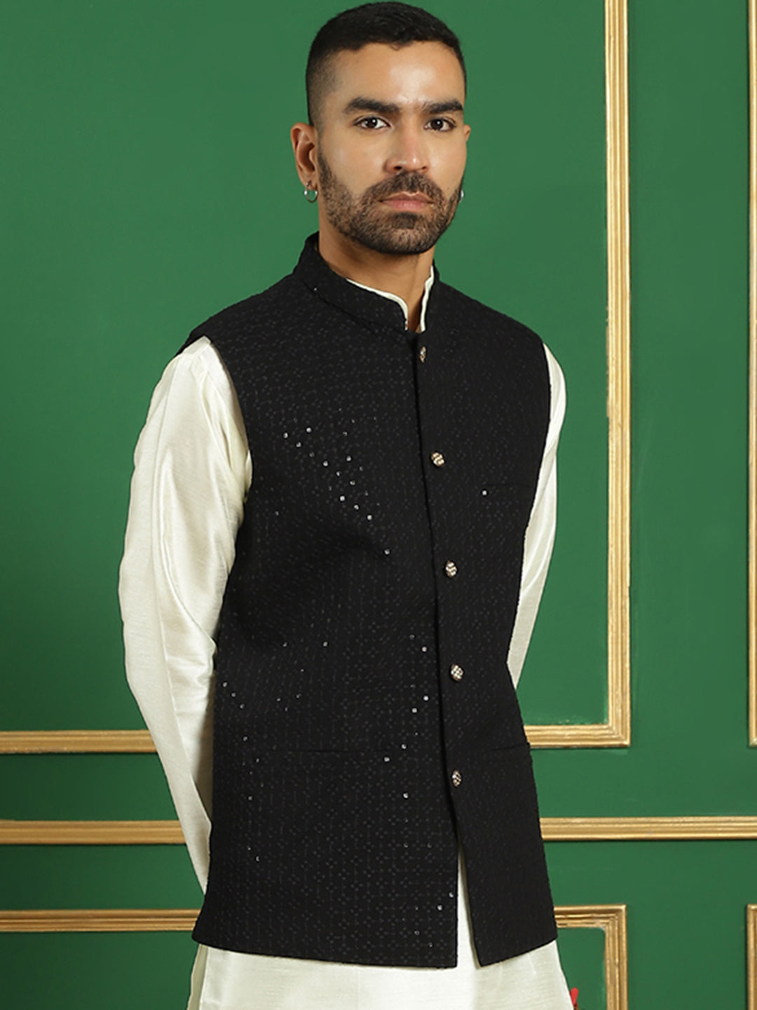 Men's Sequins and Embroidered Nehru Jackets ( ANMWC 7012Black ) [RT] [ E7 ]