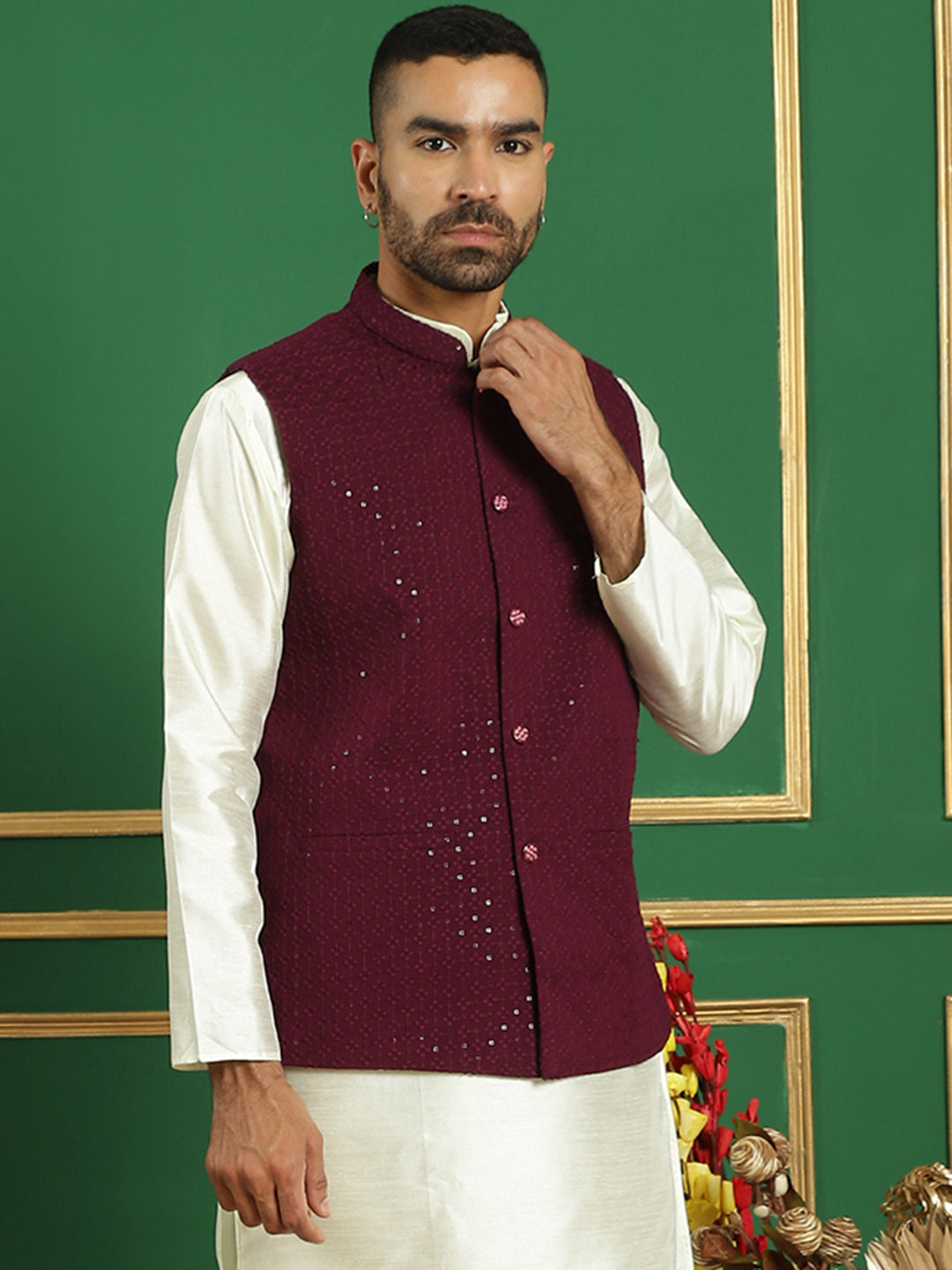 Men's Sequins and Embroidered Nehru Jackets ( ANMWC 7012Purple ) [RT] [ E7 ]