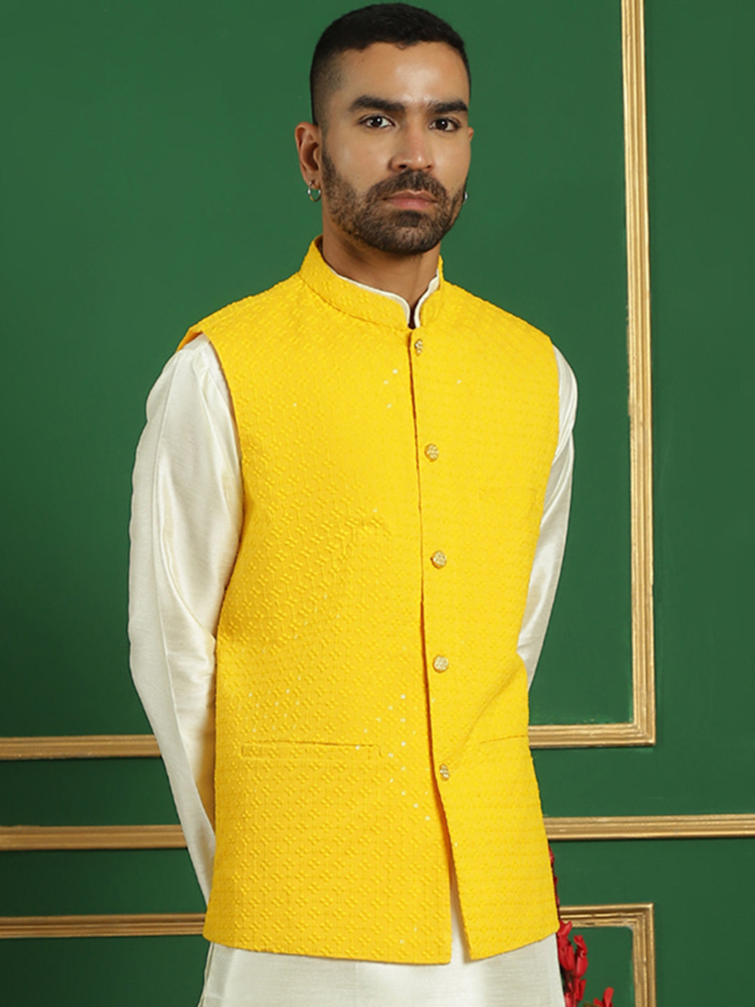 Men's Sequins and Embroidered Nehru Jackets ( ANMWC 7012Yellow ) [RT] [ E7 ]
